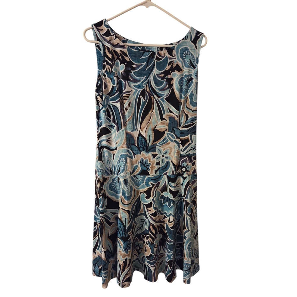 Connected Apparel Aqua‎ Black Floral Sleeveless A-Line Midi Stretch Dress 10